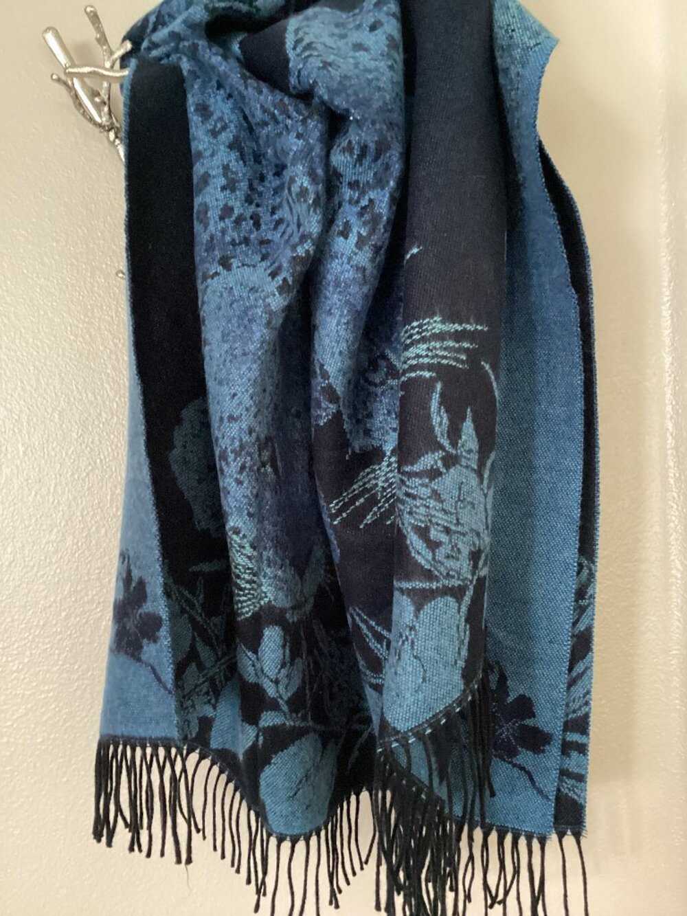 Large blue and black reversible shawl scarf with fringe (28" x 76")